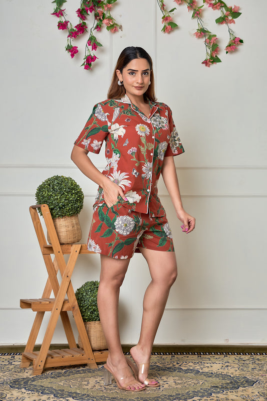 Brown Big Flower Cotton Short sleeve shorts Night suit