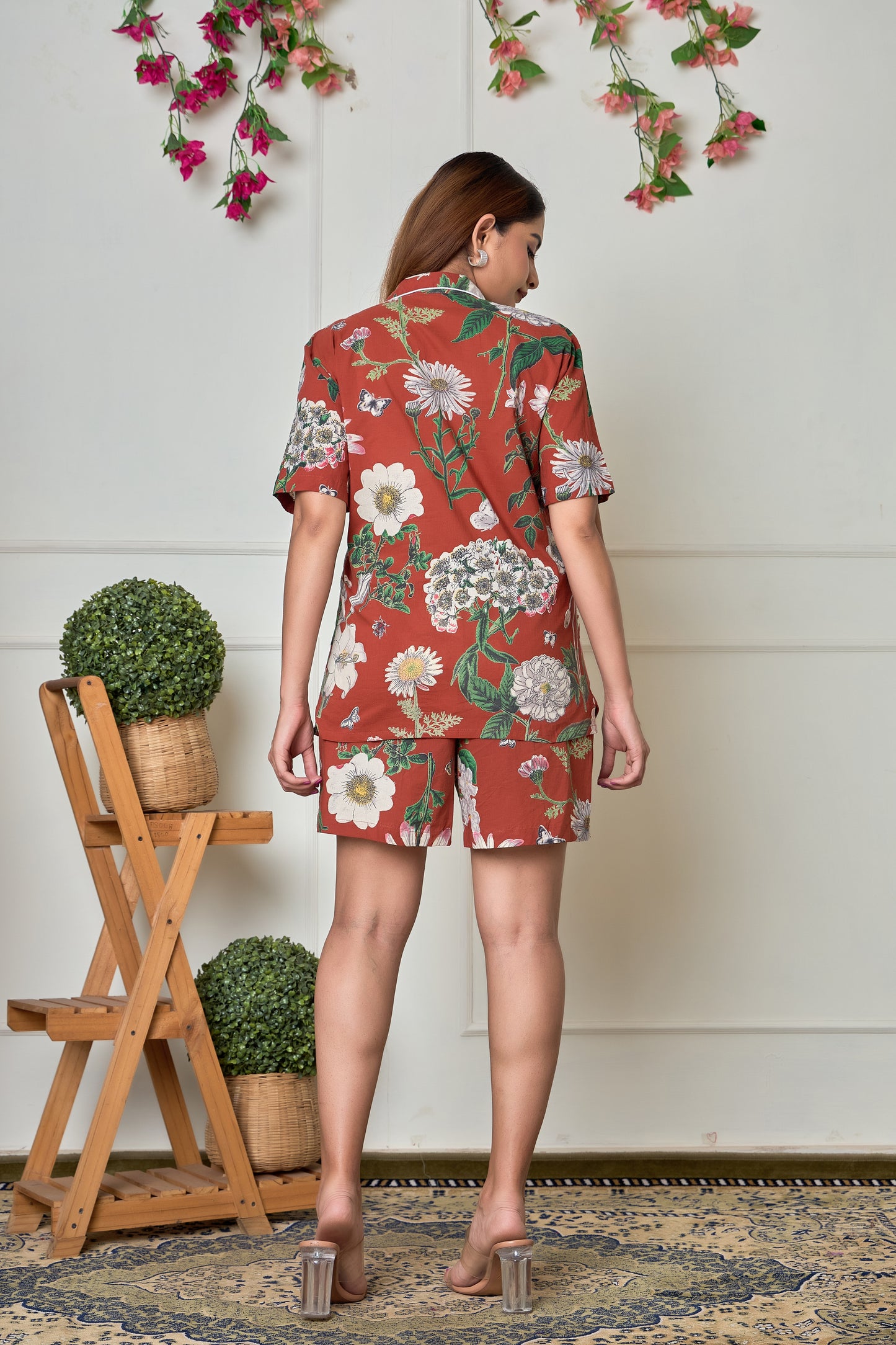 Brown Big Flower Cotton Short sleeve shorts Night suit