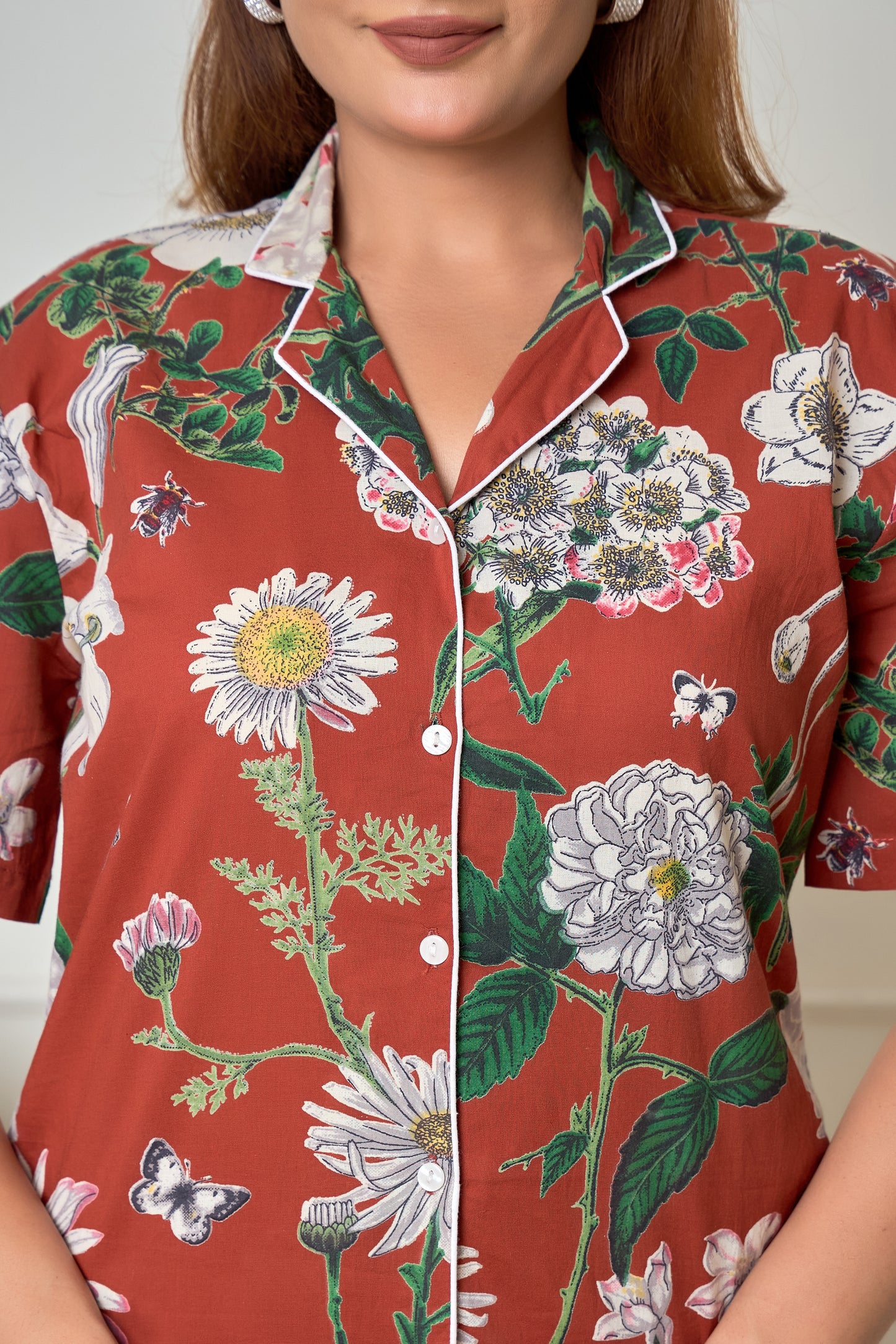 Brown Big Flower Cotton Short sleeve shorts Night suit