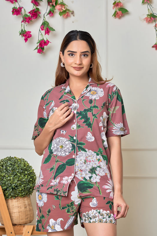 Khaki Cotton Short sleeve shorts Night suit