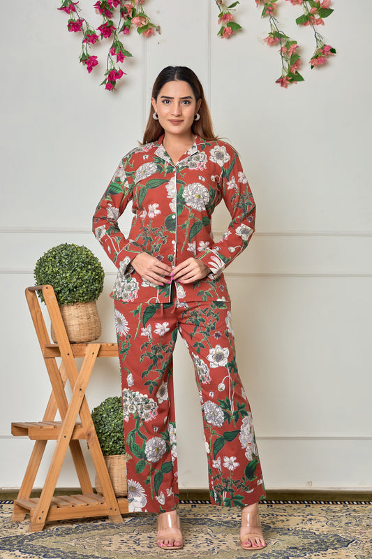 Brown Flower Cotton Full sleeve pants Night suit
