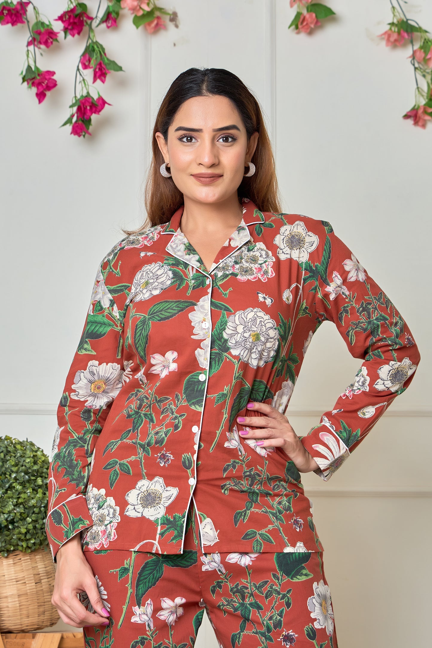 Brown Flower Cotton Full sleeve pants Night suit