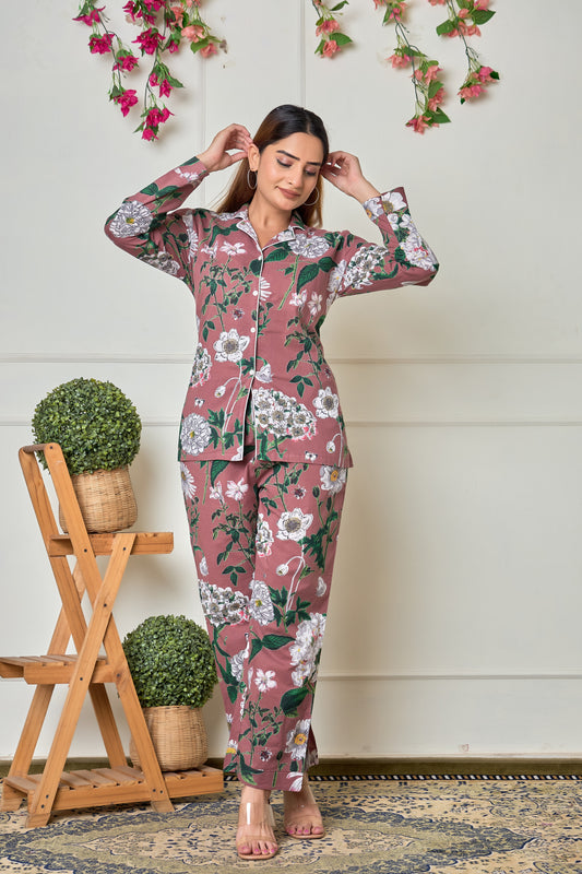 Khaki Flower Cotton Full sleeve pants Night suit