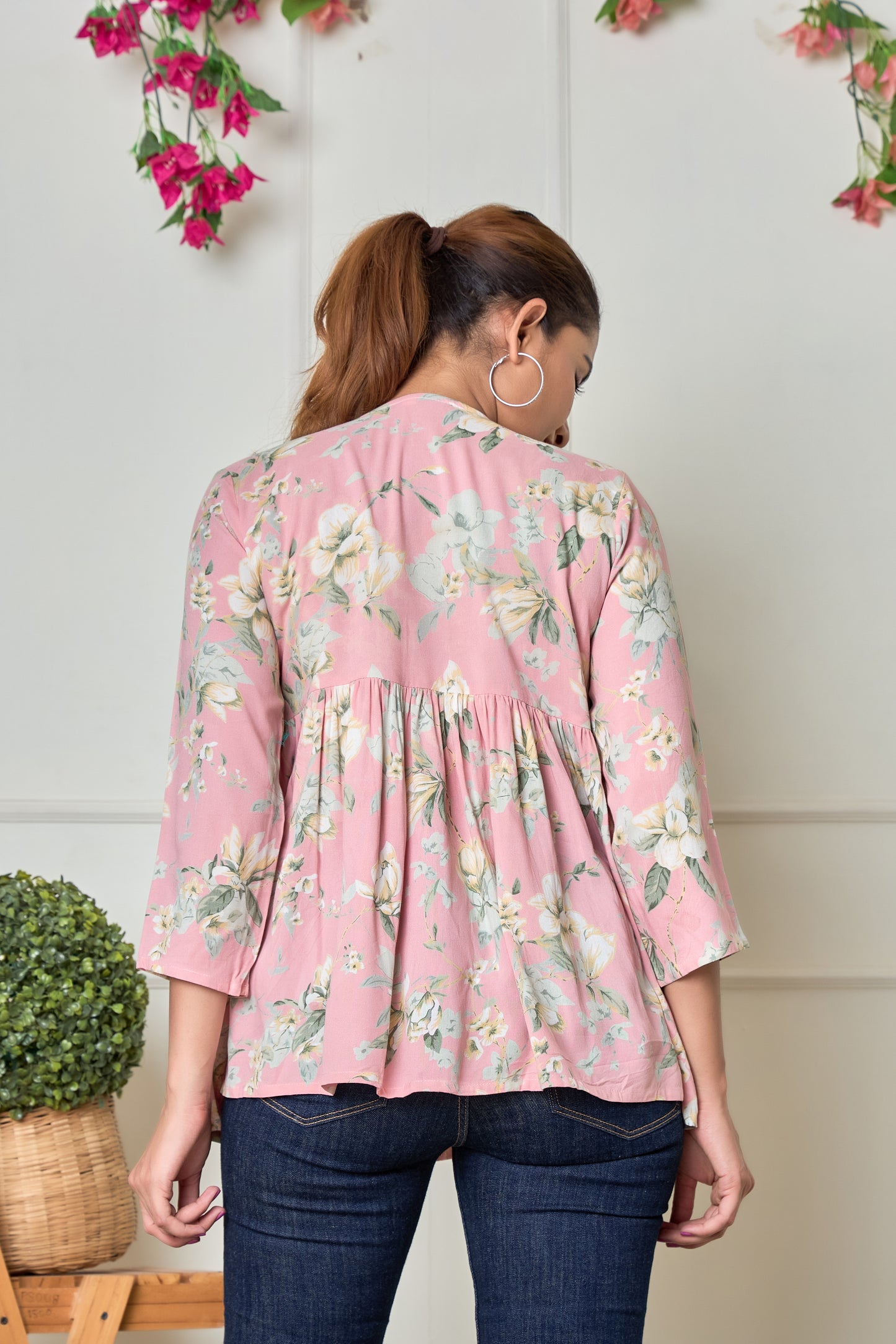 Pink Leafy Rayon Short kurti