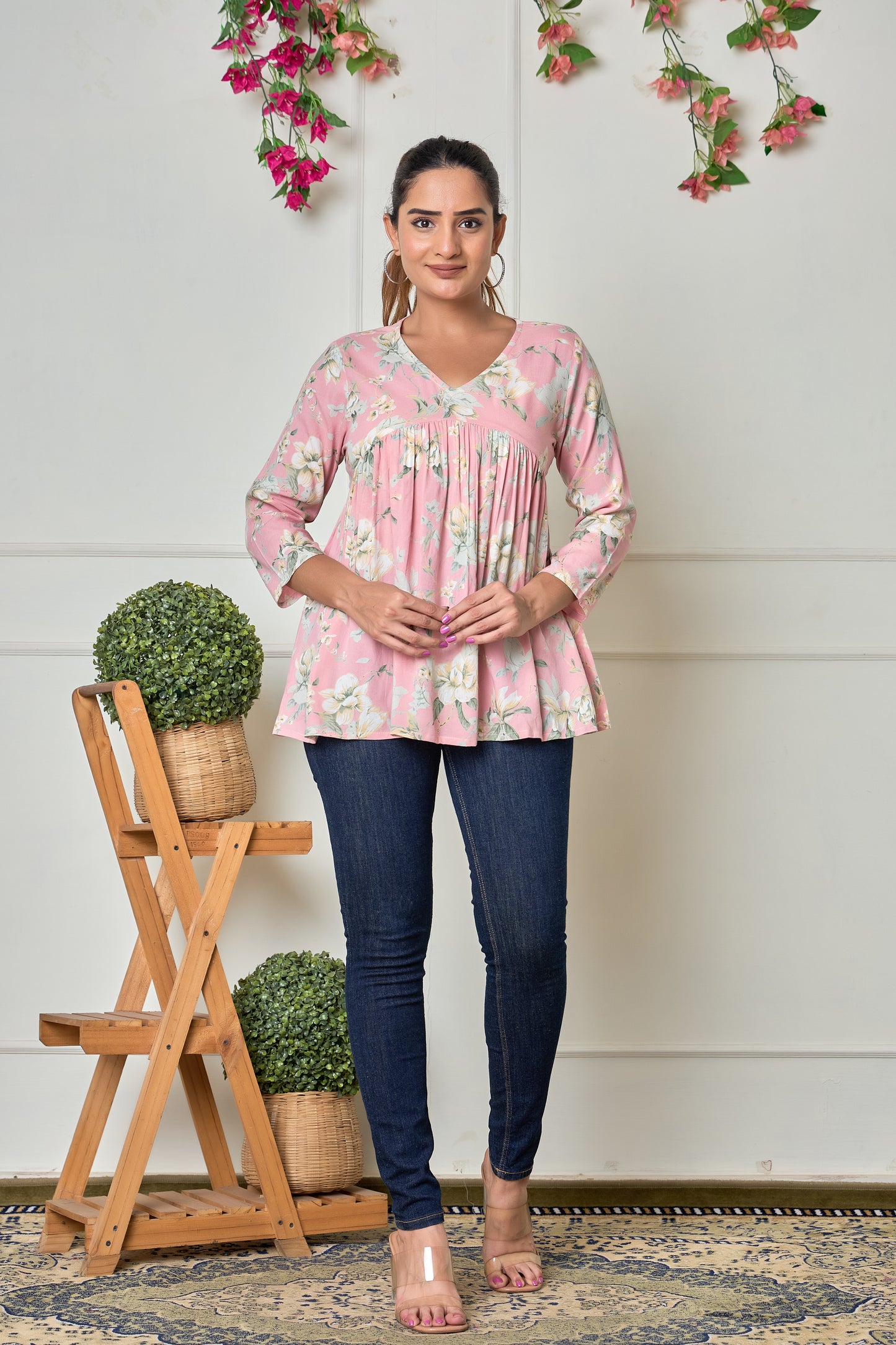 Pink Leafy Rayon Short kurti
