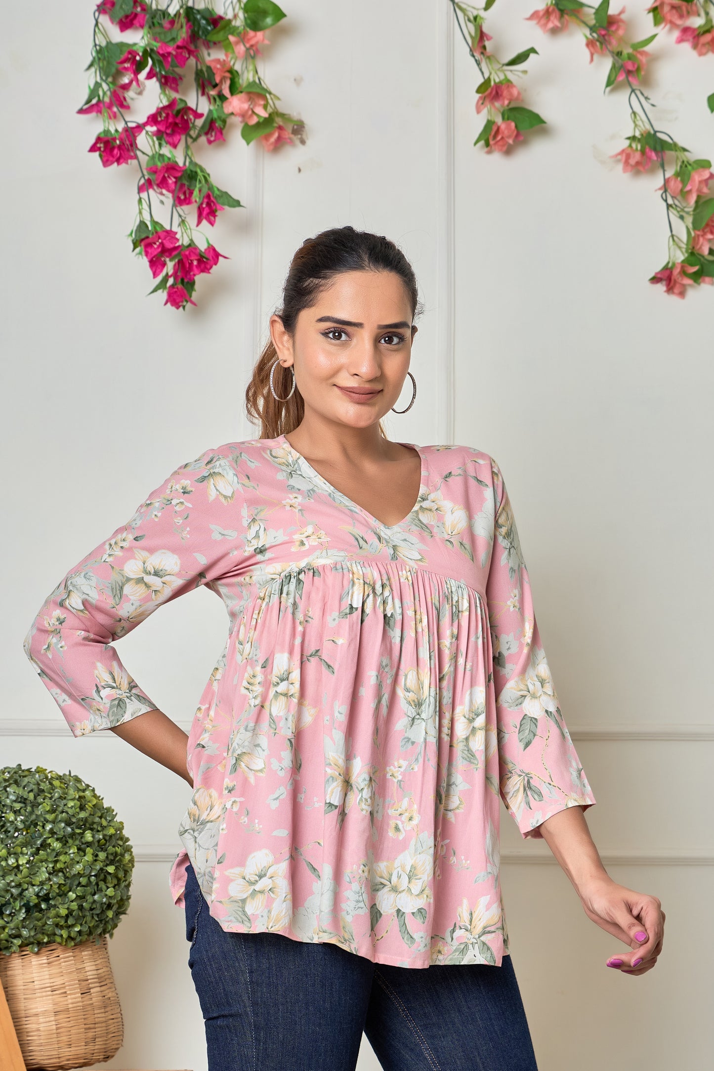 Pink Leafy Rayon Short kurti