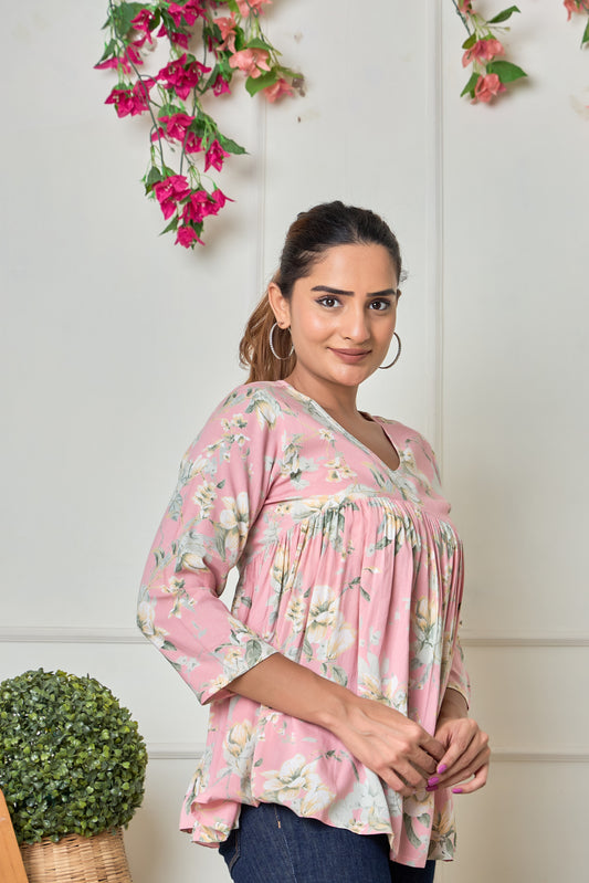 Pink Leafy Rayon Short kurti