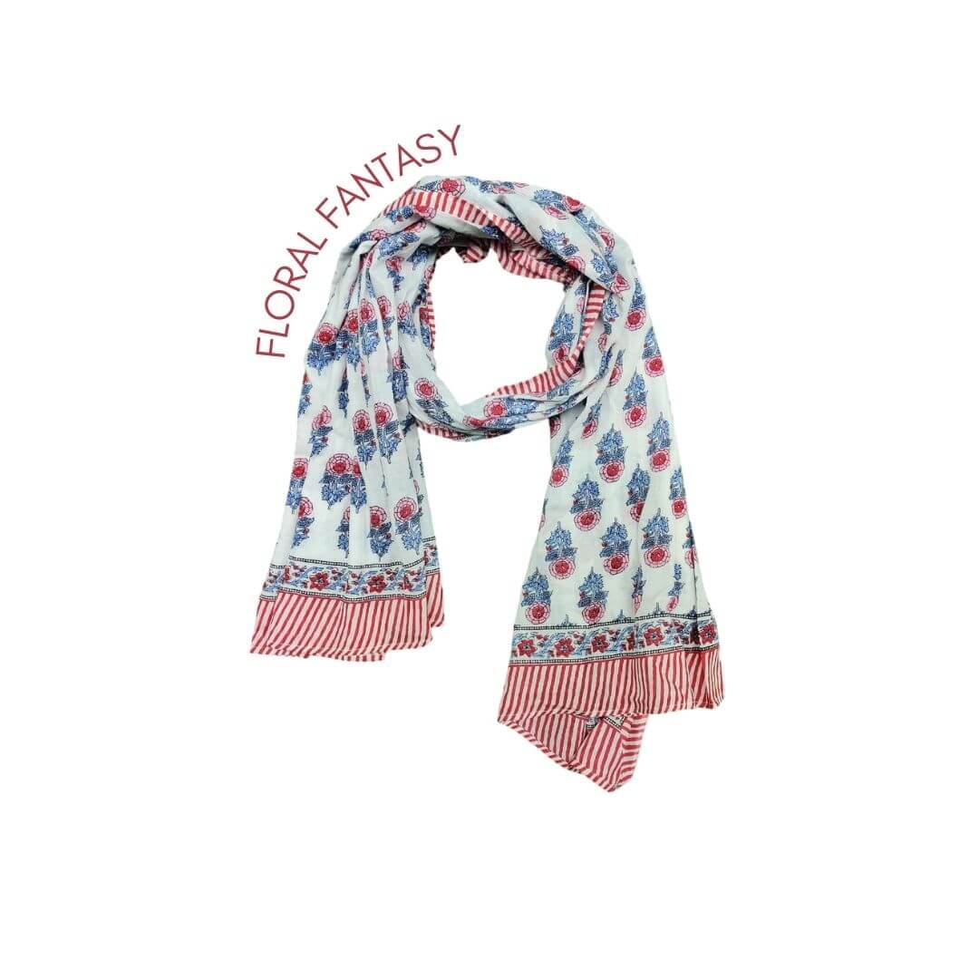 All White Printed Hand block Scarfs - GHAAVI.