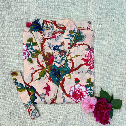 Beige Floral Cotton Bathrobe - GHAAVI.
