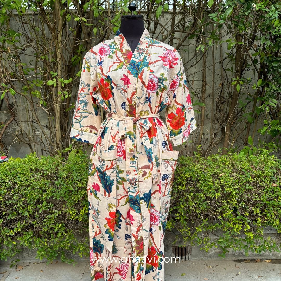 Beige Floral Cotton Bathrobe - GHAAVI.