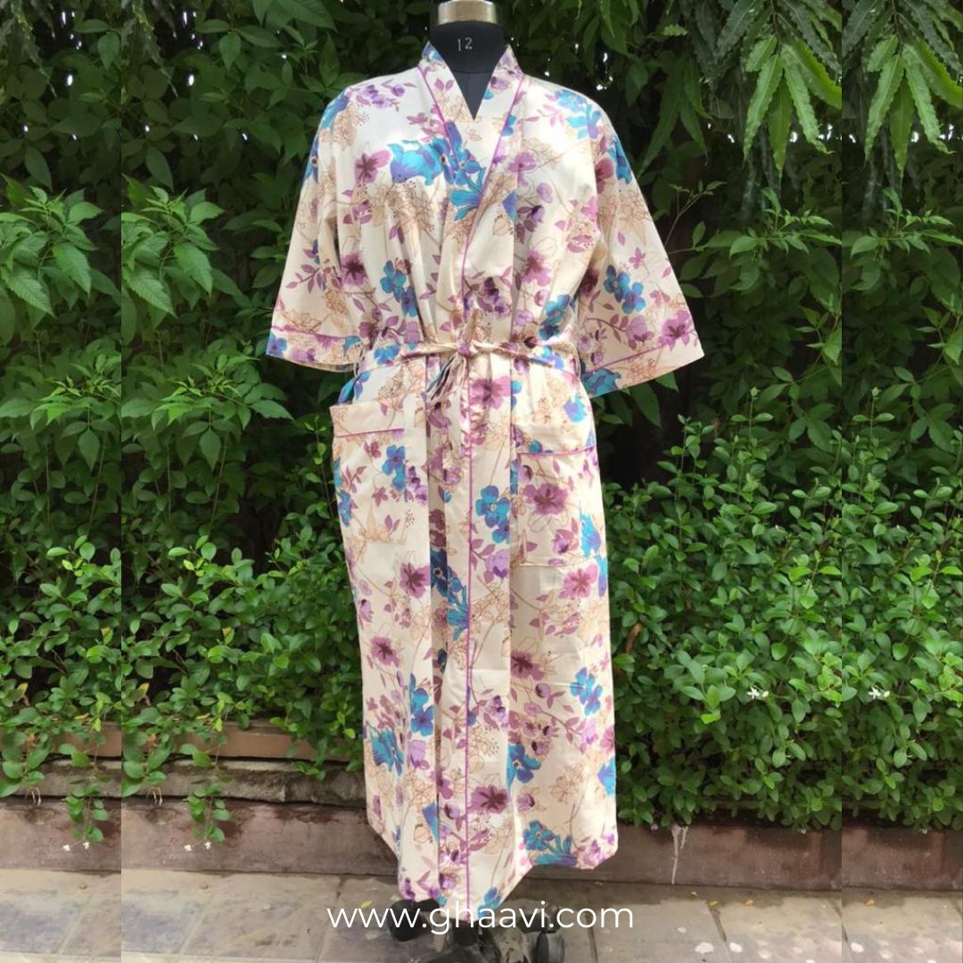 Beige Floral Printed Cotton Bathrobe - GHAAVI.