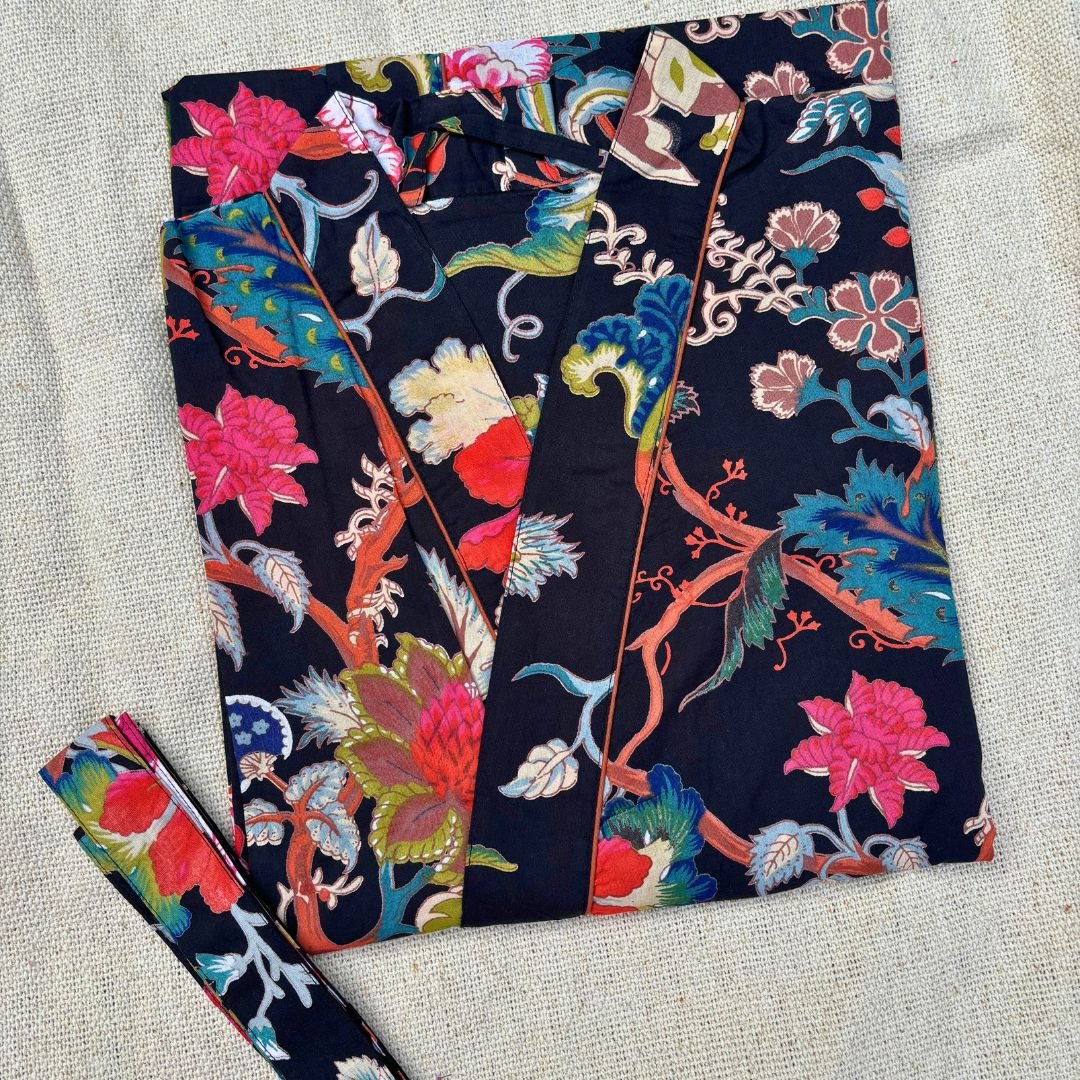 Black Big Floral Cotton BathRobe - GHAAVI.