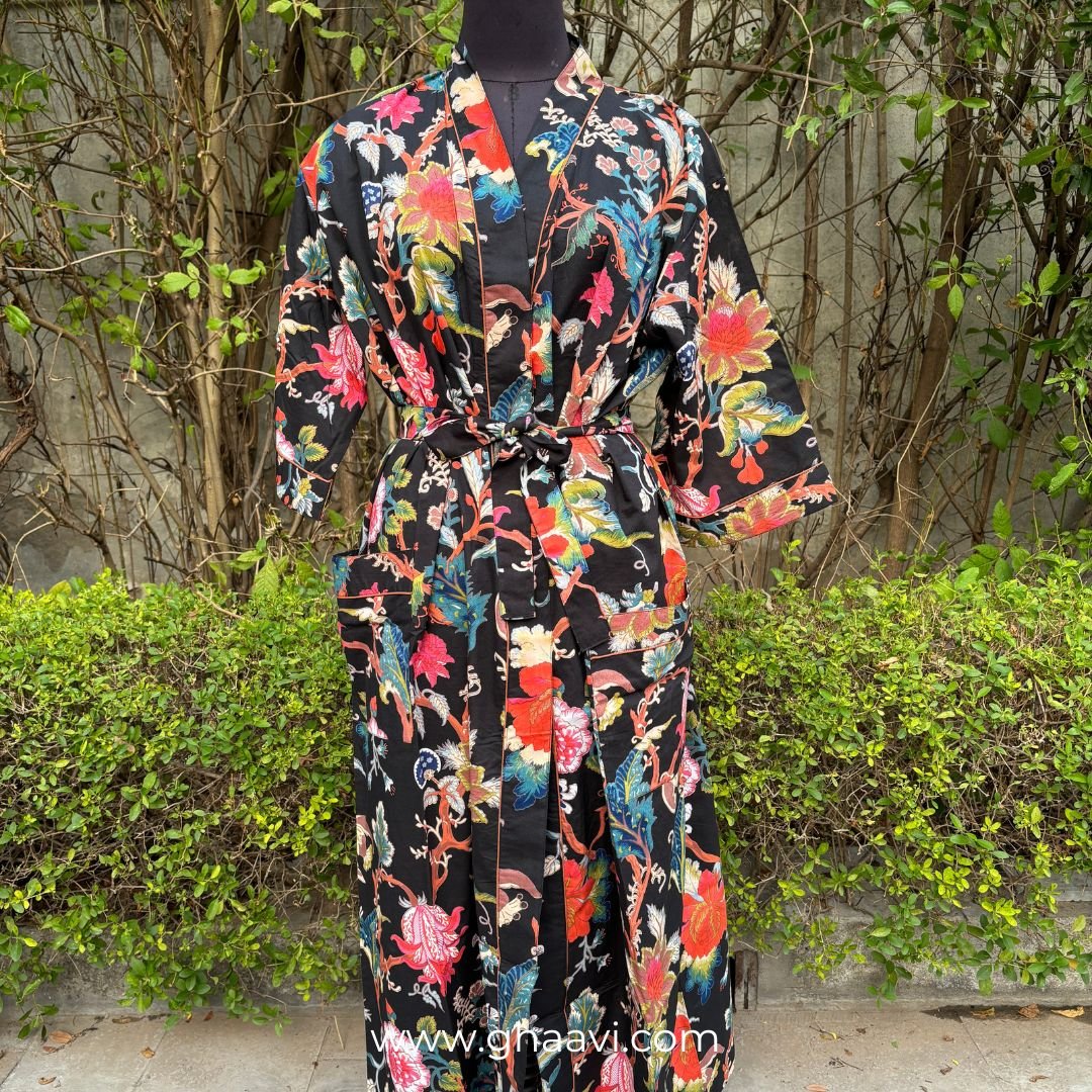 Black Big Floral Cotton BathRobe - GHAAVI.