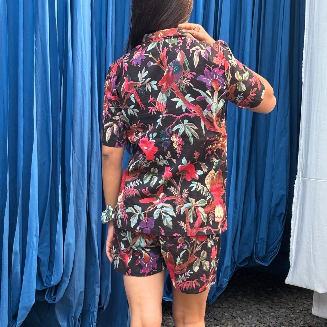 Black Bird short sleeve Shorts Cotton Nightsuit - GHAAVI.