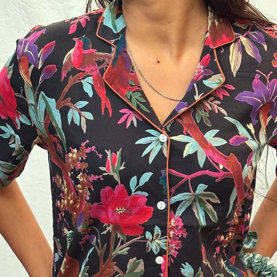 Black Bird short sleeve Shorts Cotton Nightsuit - GHAAVI.