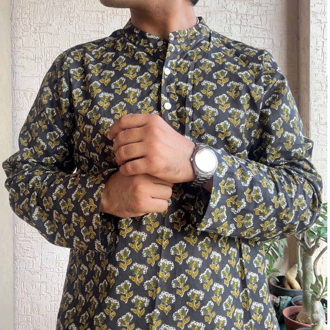 Olive Gul Buta Men Short Kurta