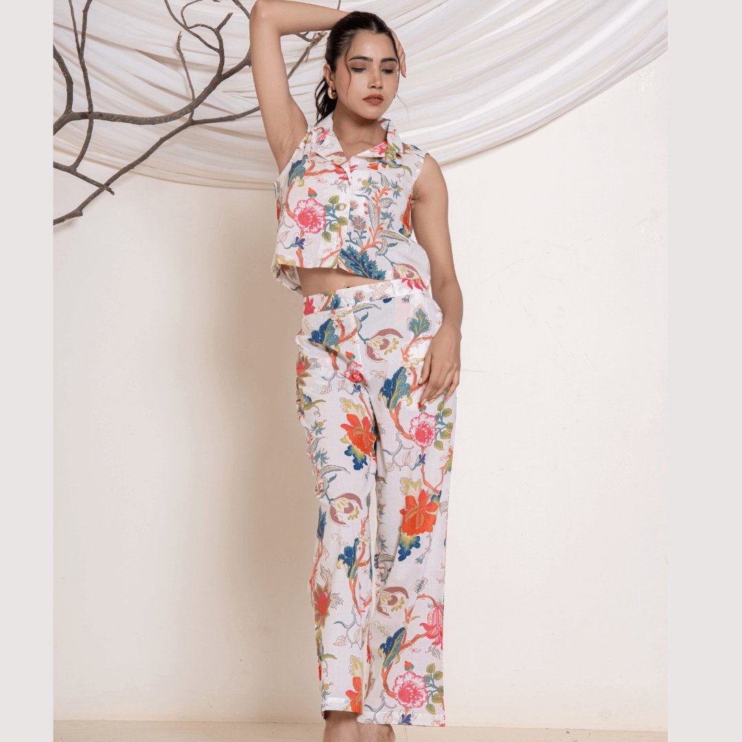 Blossom Whimsy white Cotton Co - ord set - GHAAVI.