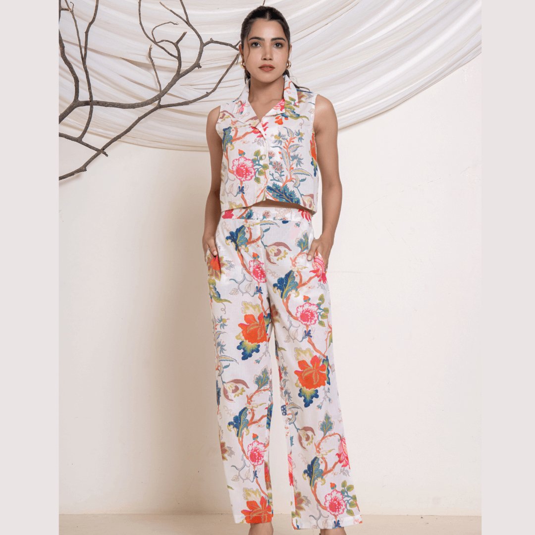 Blossom Whimsy white Cotton Co - ord set - GHAAVI.