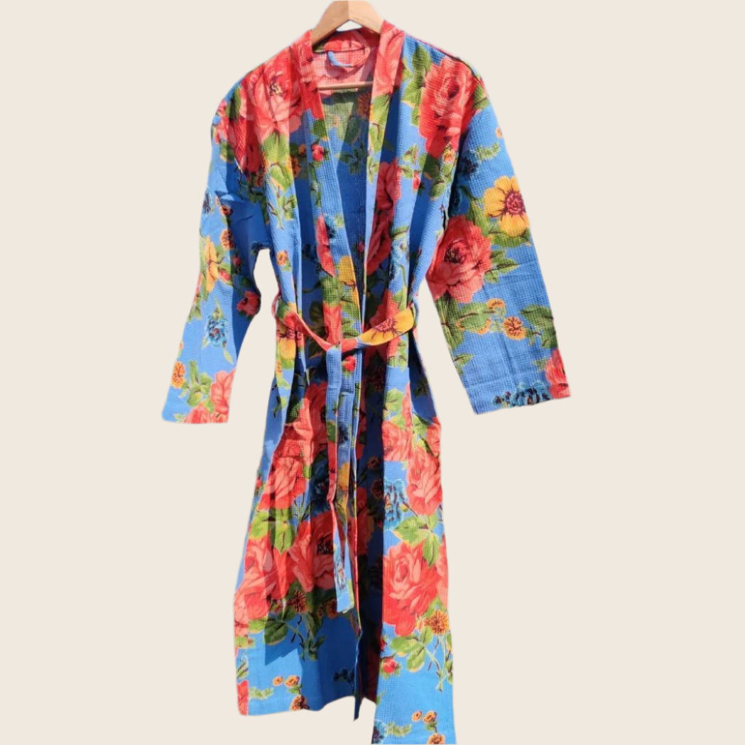 Blue Big Flower Unisex waffle Bathrobe - GHAAVI.