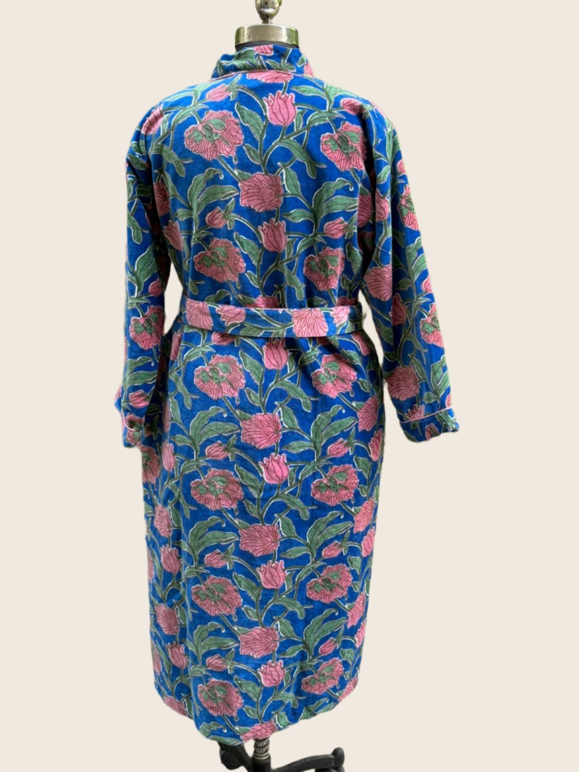 Blue Cauli Print Long Velvet Unisex Robe - GHAAVI.