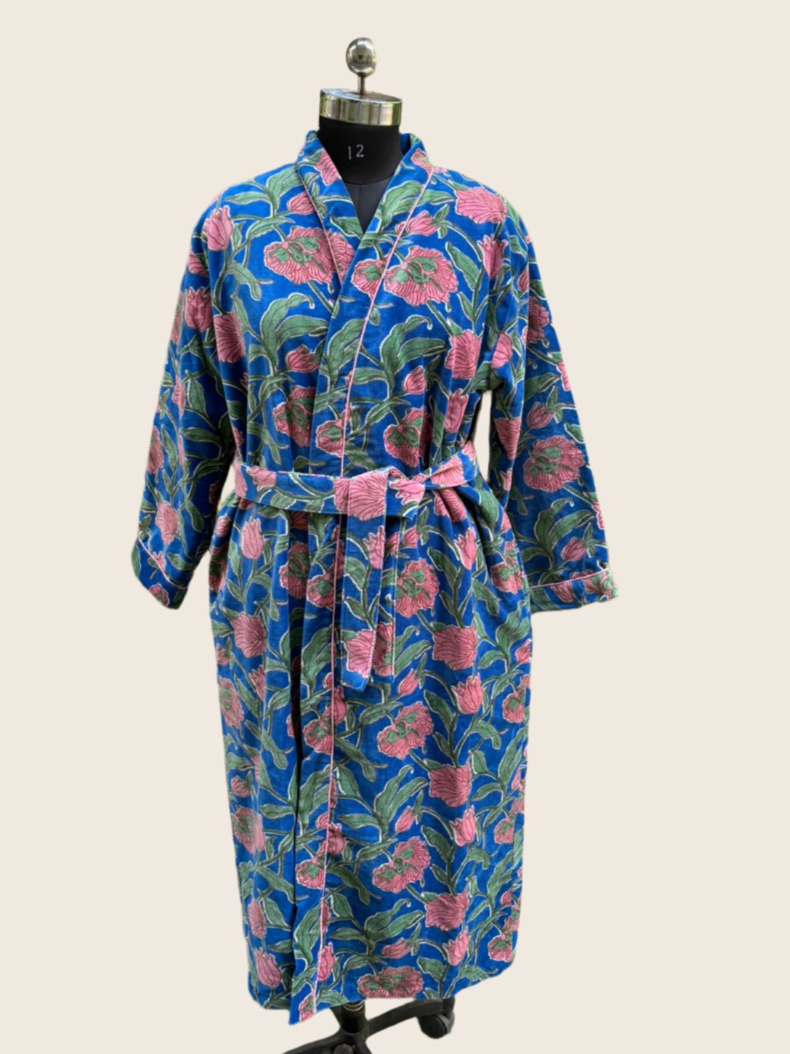 Blue Cauli Print Long Velvet Unisex Robe - GHAAVI.