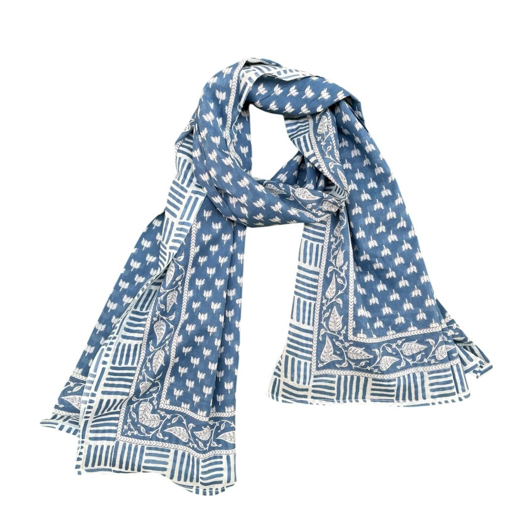 Blue Mist Hand block Printed Scarfs - GHAAVI.
