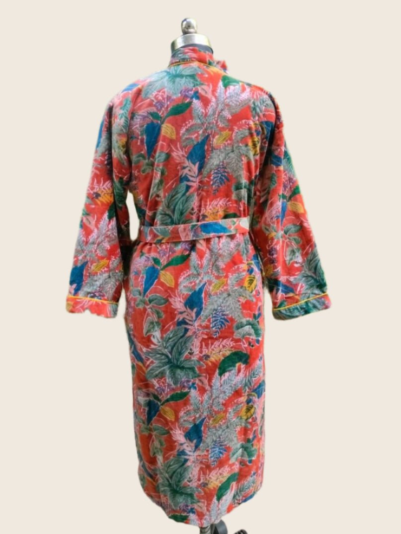 Brown Big Leafs Velvet Robe - GHAAVI.