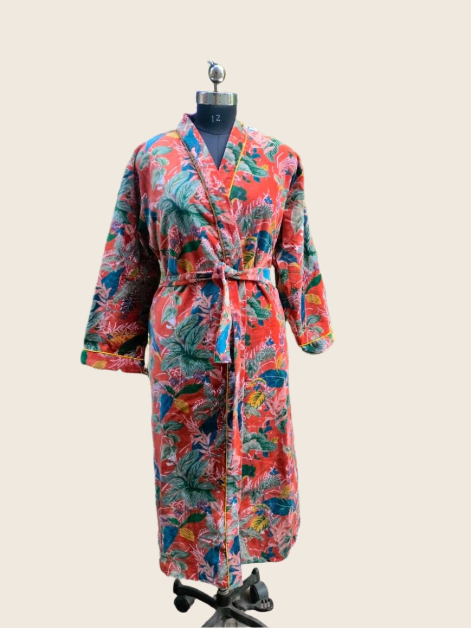 Brown Big Leafs Velvet Robe - GHAAVI.