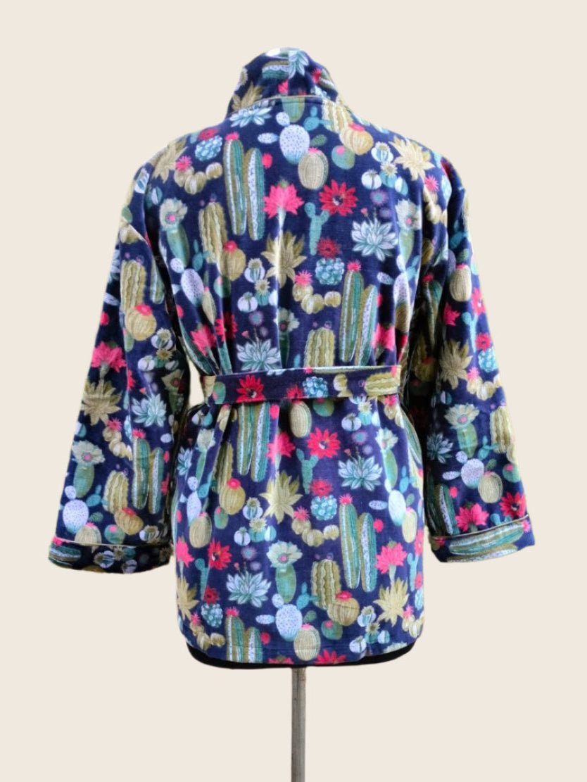 Cactus on Navy Velvet Robe - GHAAVI.