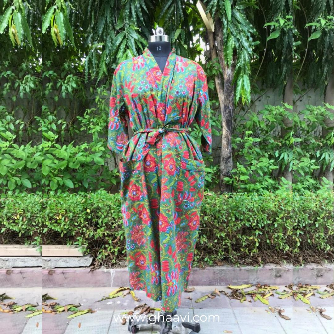 Green Floral Printed Cotton Bathrobe - GHAAVI.