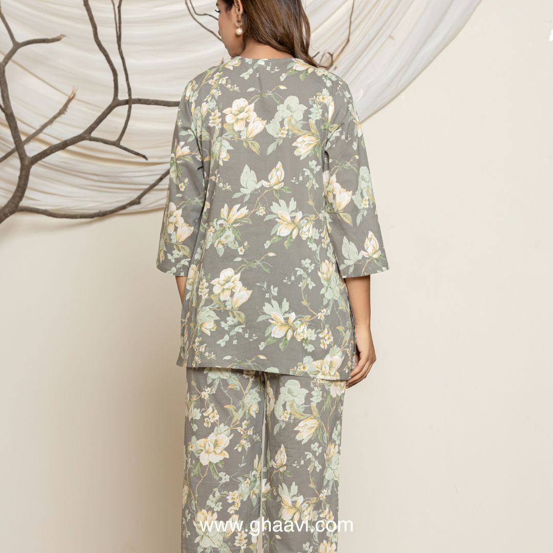Grey Leafy print lounge wear set - GHAAVI.