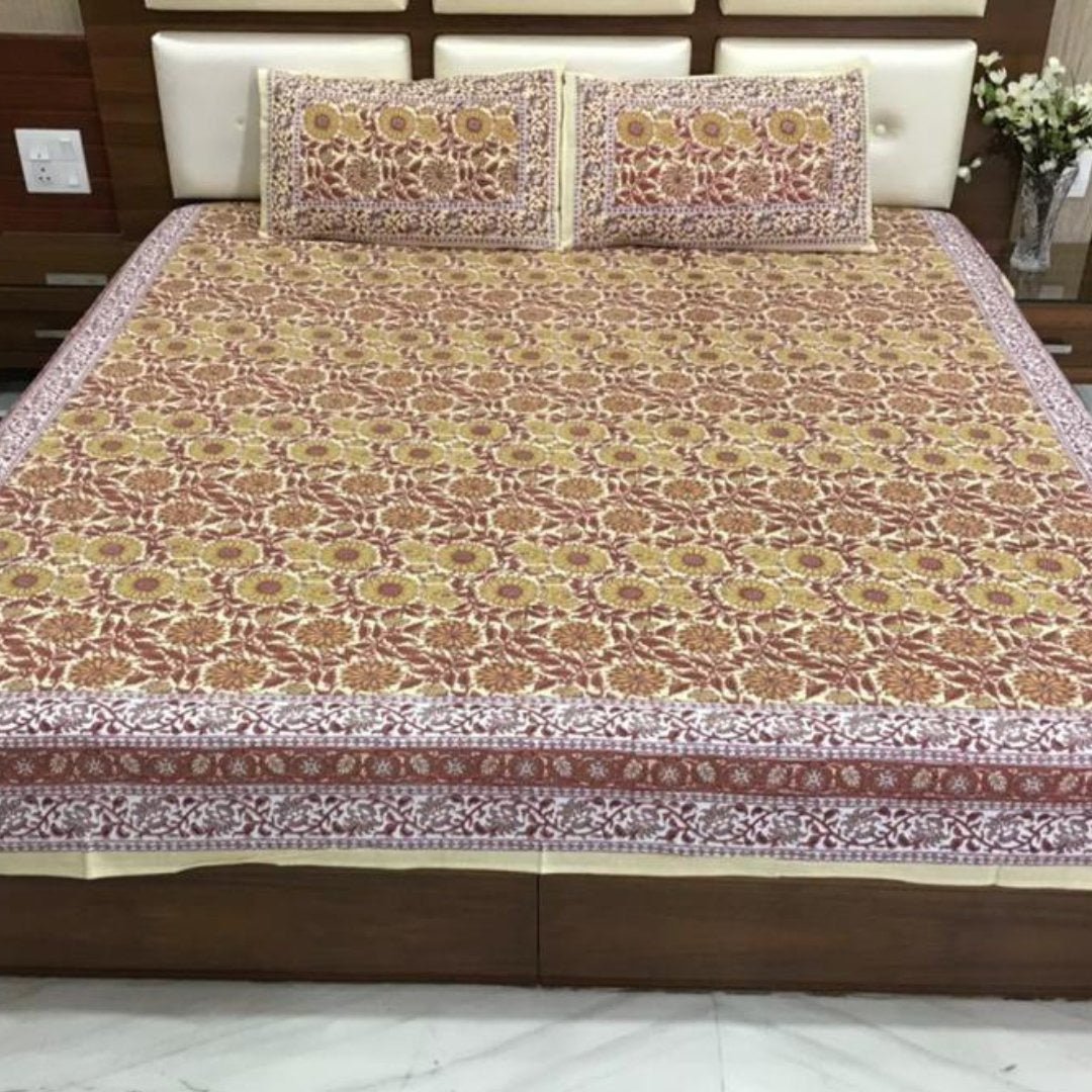 Mustard sunflower Print Bedsheet set - GHAAVI.