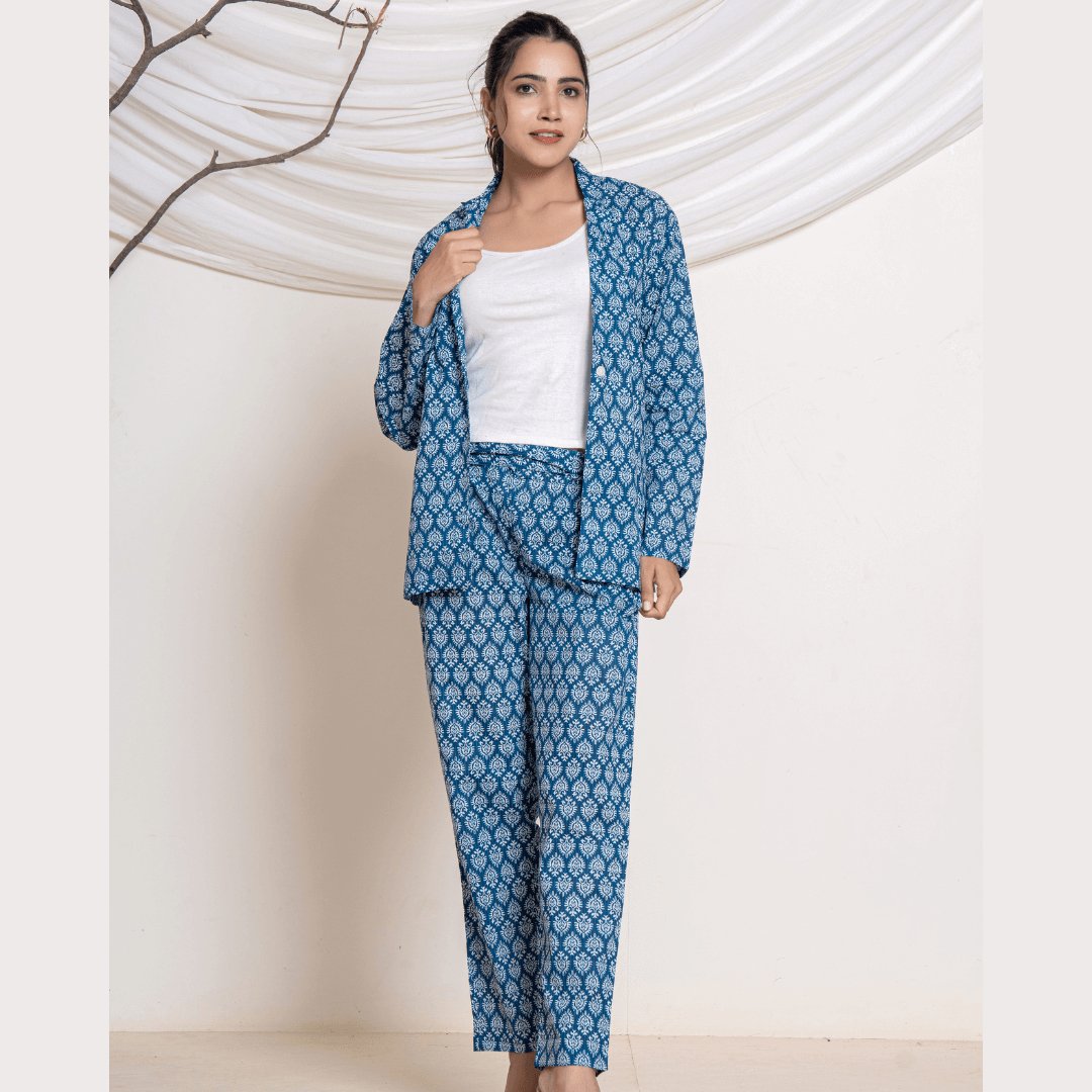 Navy Ajrakh all over print co - ord set - GHAAVI.