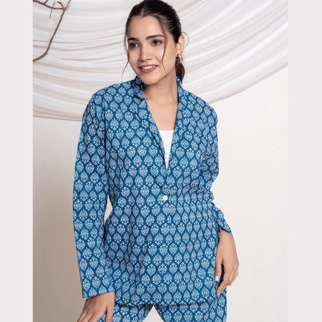 Navy Ajrakh all over print co - ord set - GHAAVI.