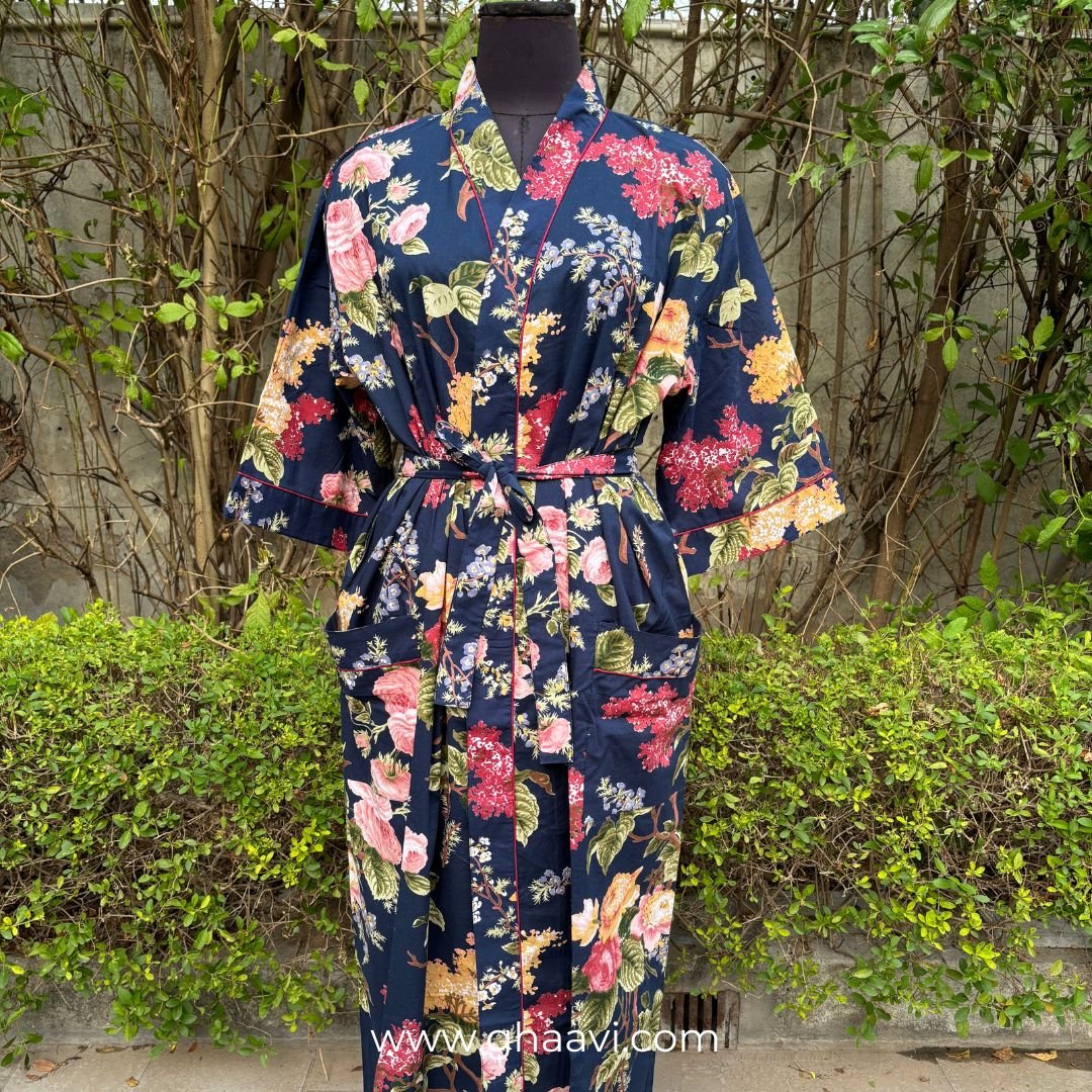 Navy Blue Big Floral Cotton Bathrobe - GHAAVI.