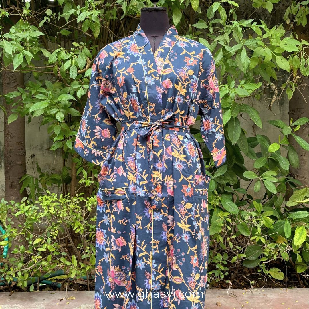 Navy Floral Cotton Bathrobes - GHAAVI.