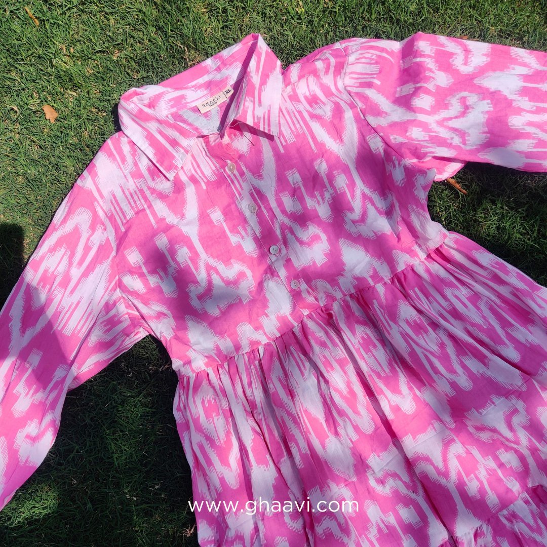 Peachy Pink Ikat Cotton Tier Dress - GHAAVI.