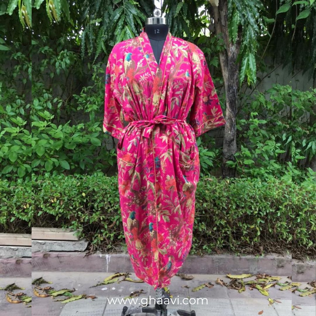 Pink Birds Printed Cotton bathrobe - GHAAVI.