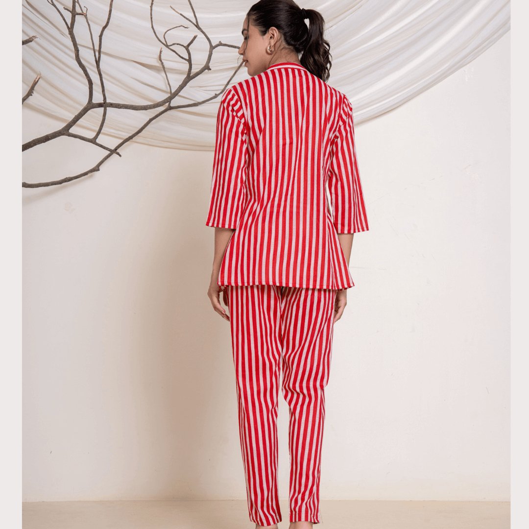 Radiant Red stripes Cotton Co - ord set - GHAAVI.