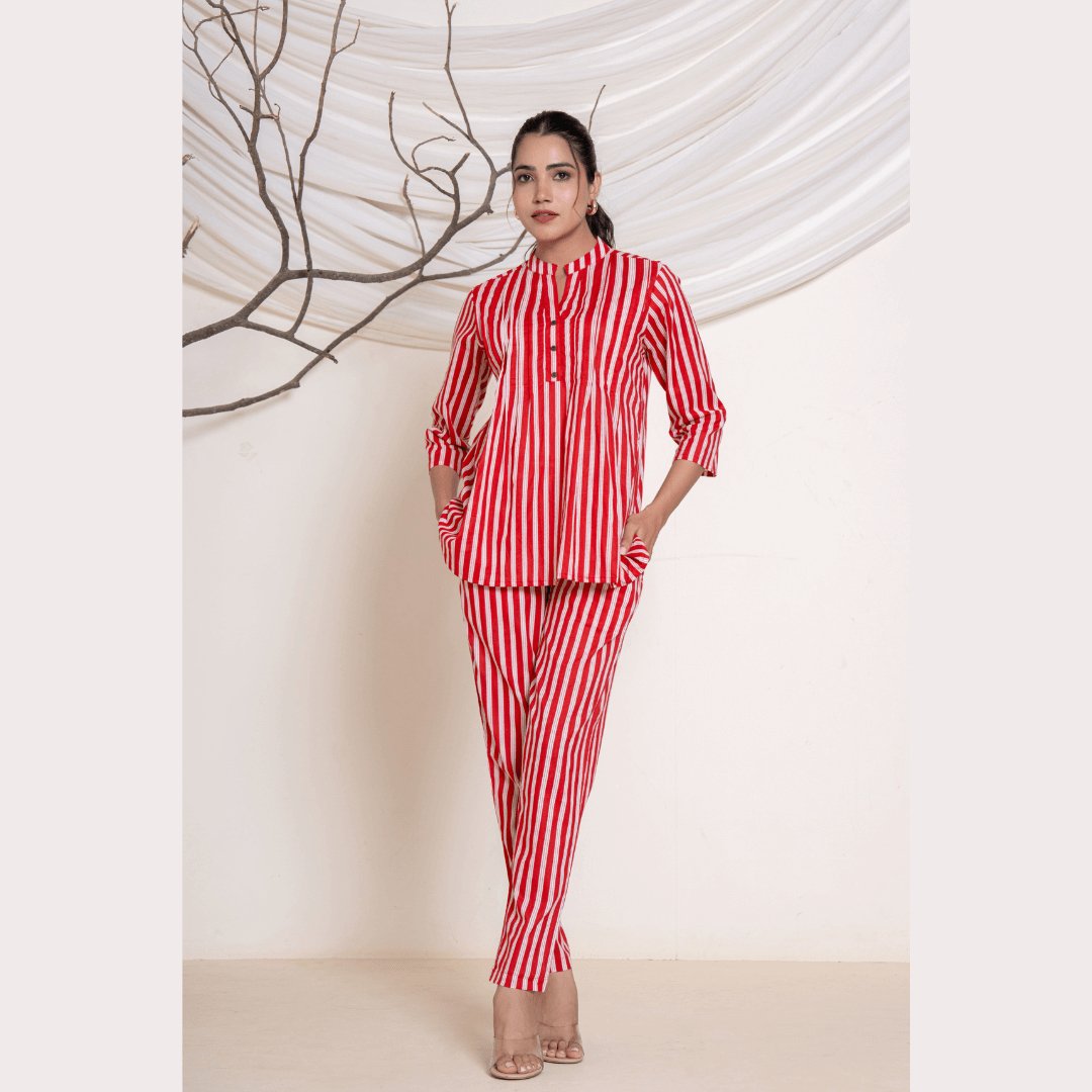 Radiant Red stripes Cotton Co - ord set - GHAAVI.