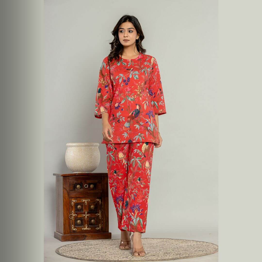 Red bird paradise Lounge wear set - GHAAVI.