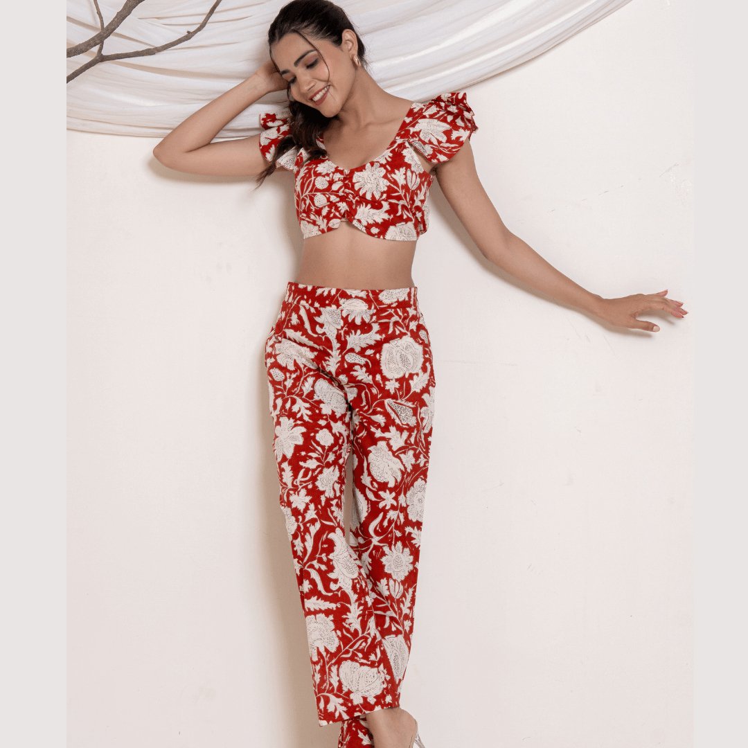 Scarlet Red Blossom Co - ord set - GHAAVI.