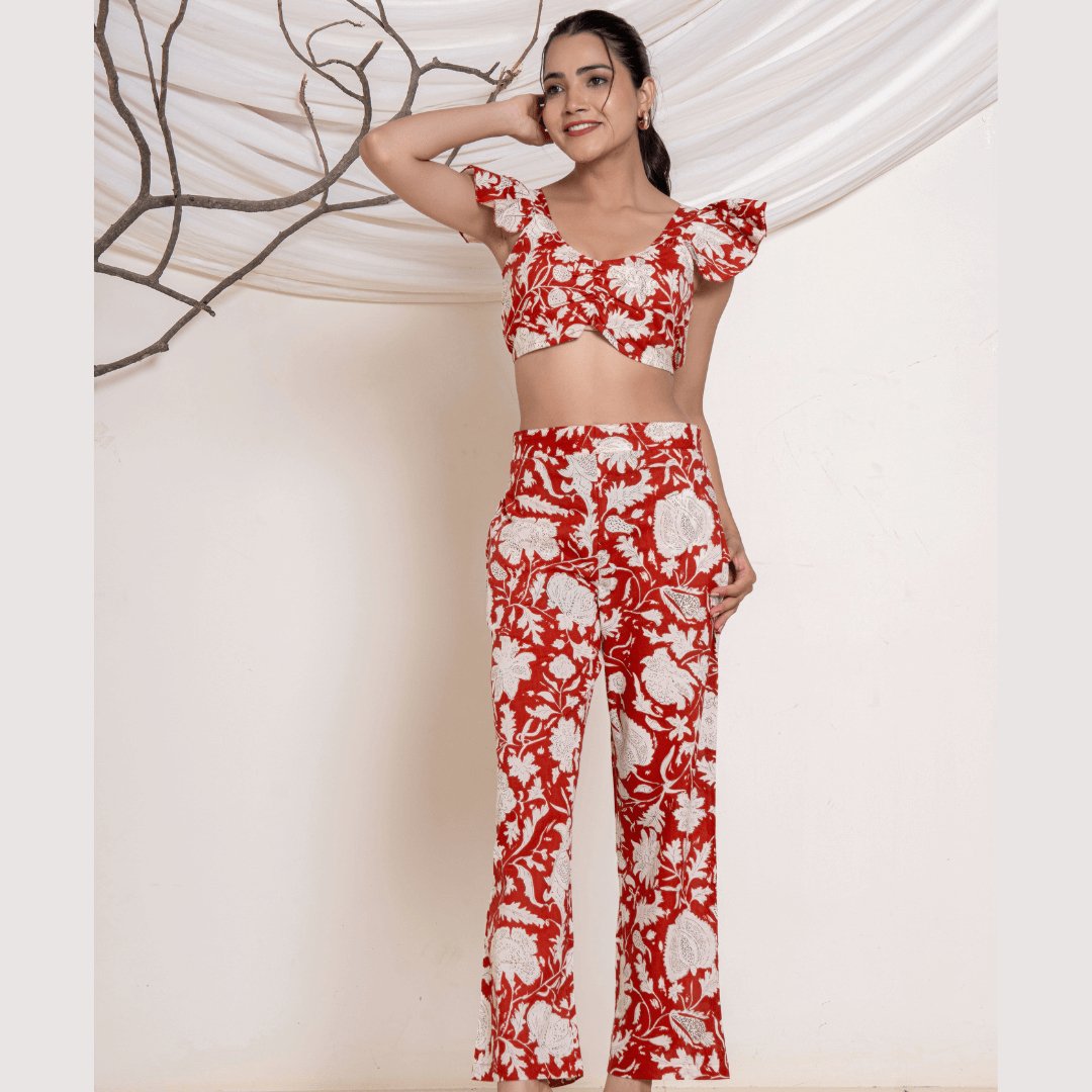 Scarlet Red Blossom Co - ord set - GHAAVI.