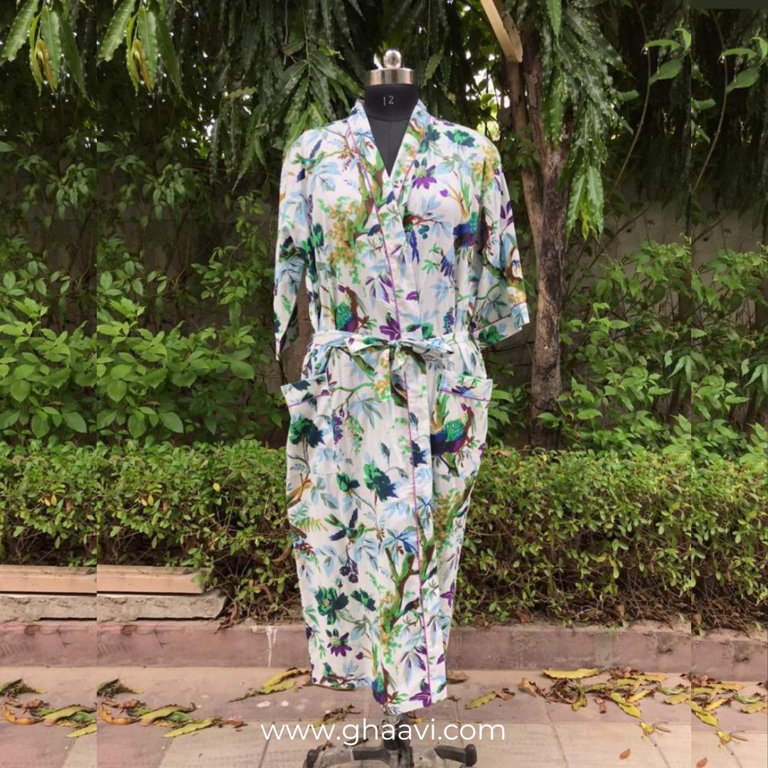 White Birds Printed Cotton Bathrobe - GHAAVI.