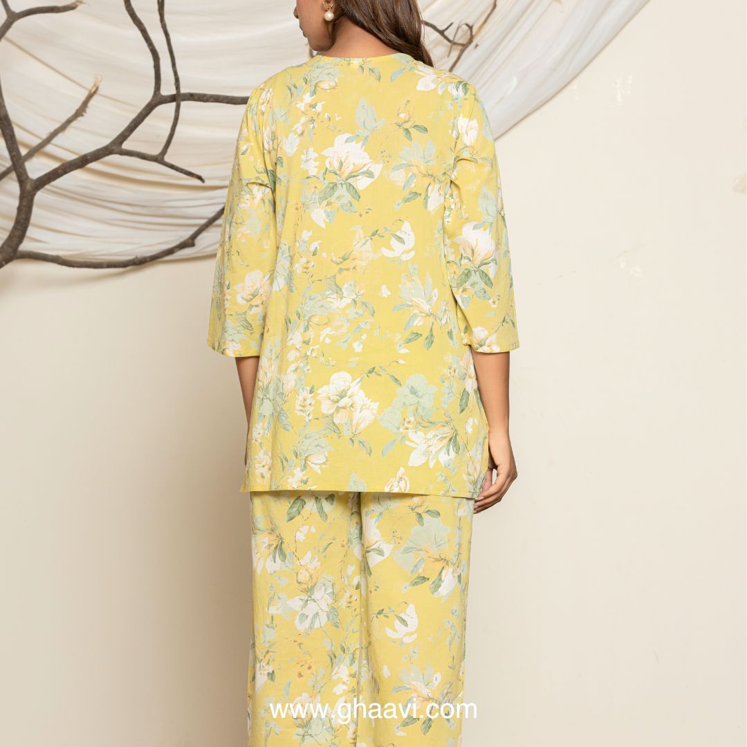 Yellow Leafy Print Lounge wear set - GHAAVI.