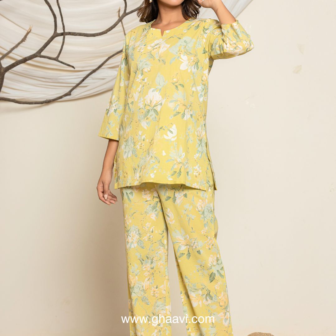 Yellow Leafy Print Lounge wear set - GHAAVI.