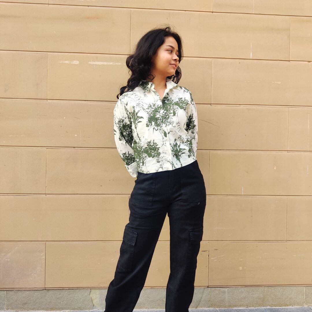 Beigh Tropical Jungle Cotton Crop shirt - GHAAVI.
