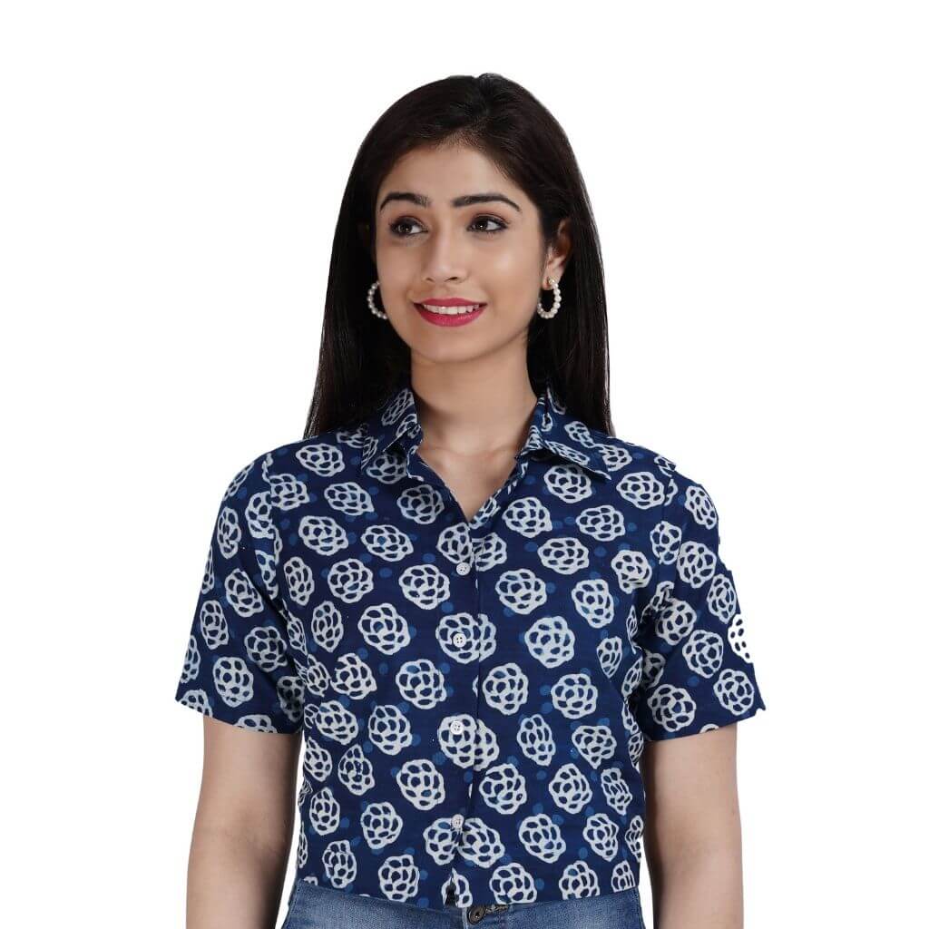 Beryl Hand Block Print Cotton Crop Shirt - GHAAVI.