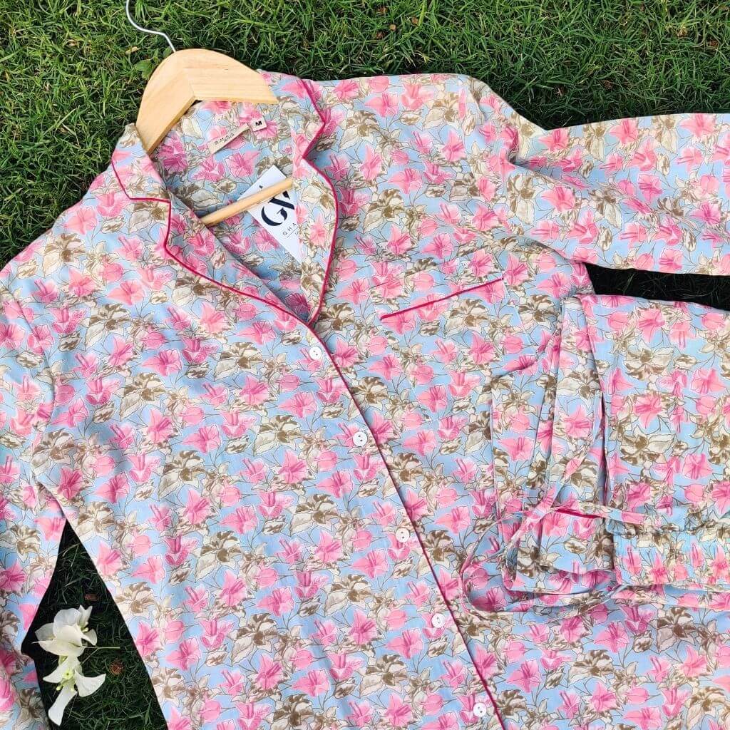 Blue & Pink Printed Cotton Night suit - GHAAVI.