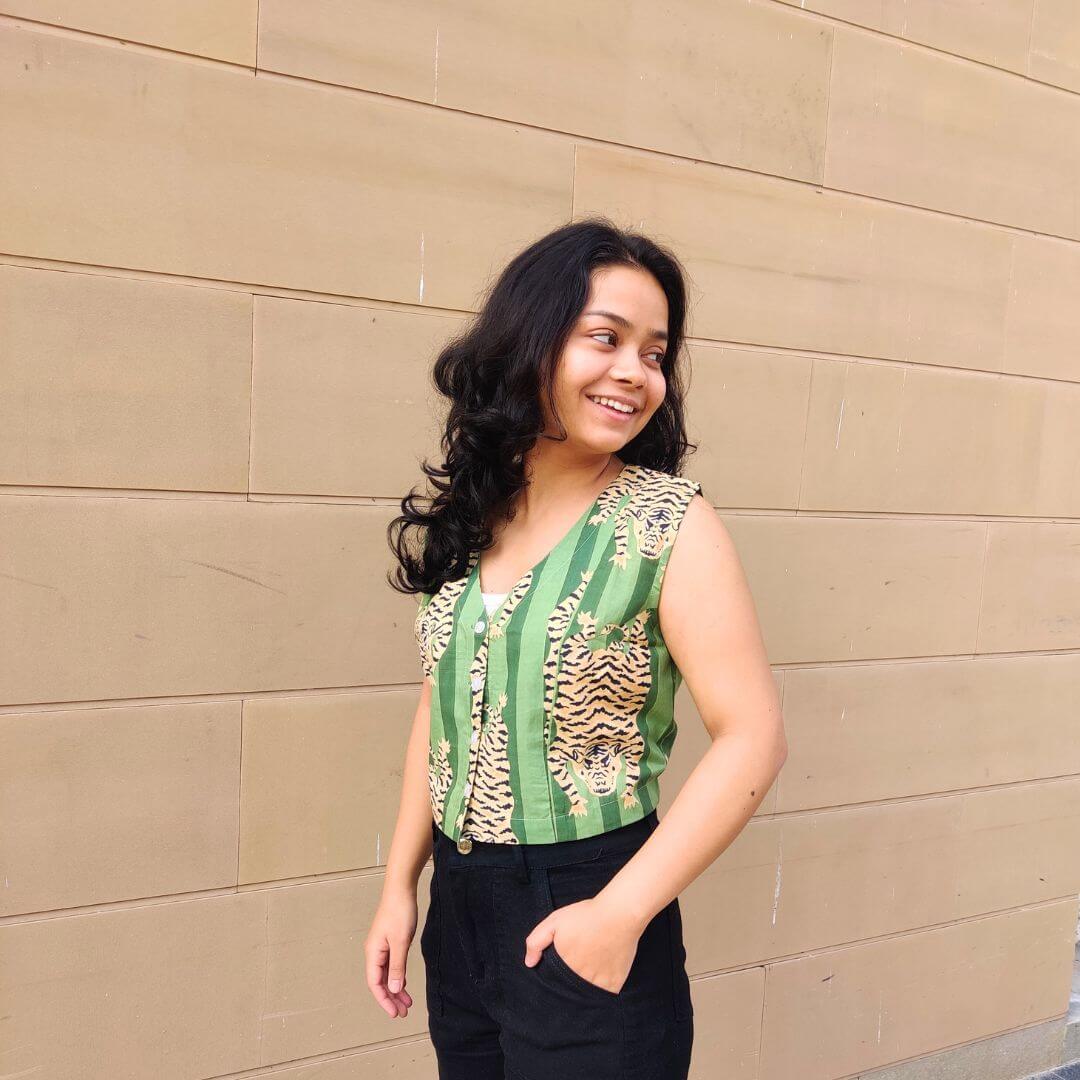 Green Tiger Cotton fitted Waist coat - GHAAVI.